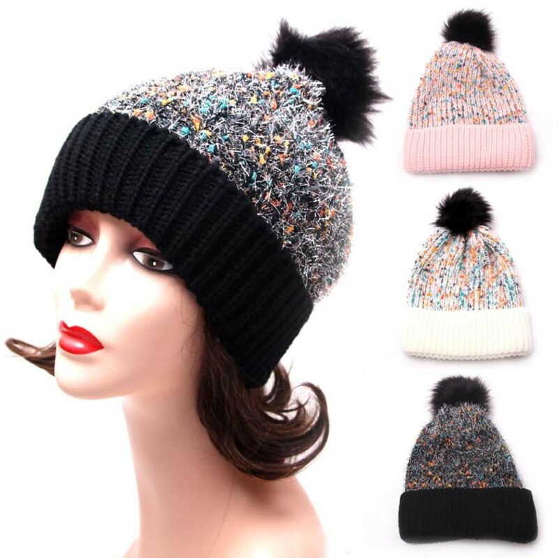 

Winter Hats For Womens Hairball Beanie Hats Knitted Warm Large Fur Pom Ladies Crystals Skiing Bling gorros mujer invierno, White