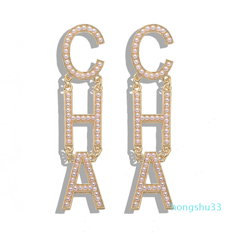 

Popular fashion luxury designer exaggerated big Letter pearl long drop dangle chandelier stud earrings for women gold silver