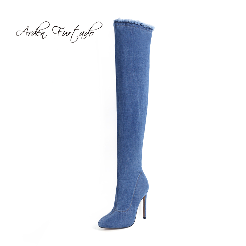 

Arden Furtado 2020 summers high heels 9.5cm stilettos zipper bulue denim jeans boots Stretch boots over the knee shoes woman new, Blue