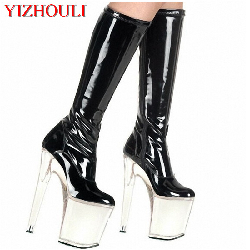 

2020 new style 20 cm high heels, leather and knee-high fashion sexy boots, thick waterproof platform style crystal boots, Black