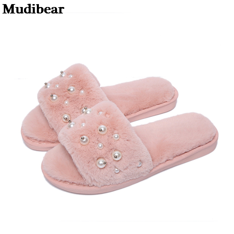 

Mudibear New Style Pearl Furry Slippers Women's Autumn Winter Home Indoor Comfortable Sandals Wooden Floor Warm Cotton Slippers, Black