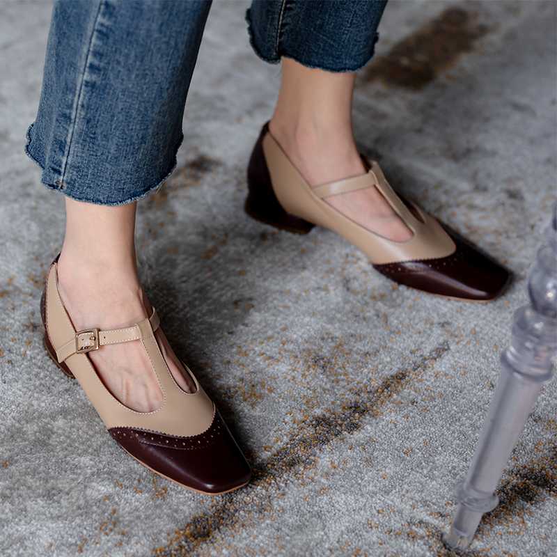 

2020 spring and autumn new simple leather square head single shoes female fashion wild stitching retro single shoes X183, Black