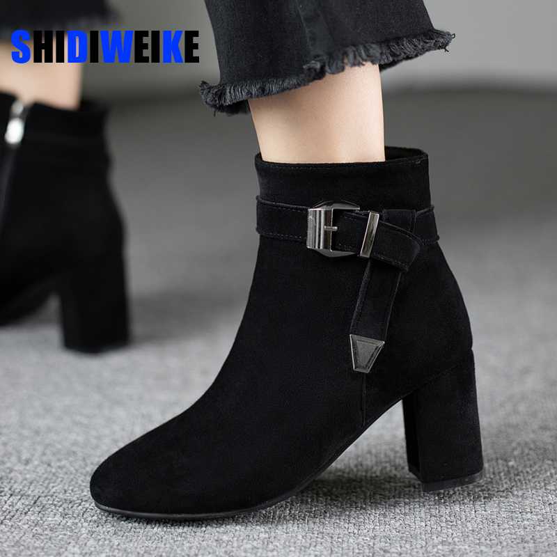 

Retro Women Warm Buckle women's boots Vintage Block Heel Ankle Boots Side Zipper High Heels Women Shoes Big Sizes 35-43 AC040, Beige