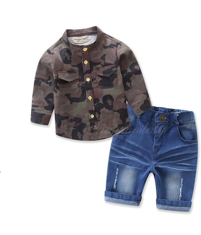

2019 Boys clothes set kids camouflage long-sleeved loose-fitting shirt+Bull-puncher knickers 2pcs boys clothing set, Dark grey