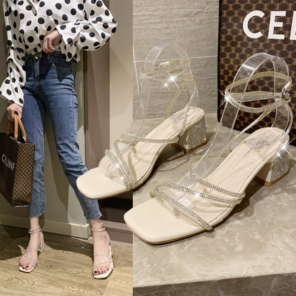 

2020 new summer net red hundred with rhinestones and Roman platform shoes, Beige