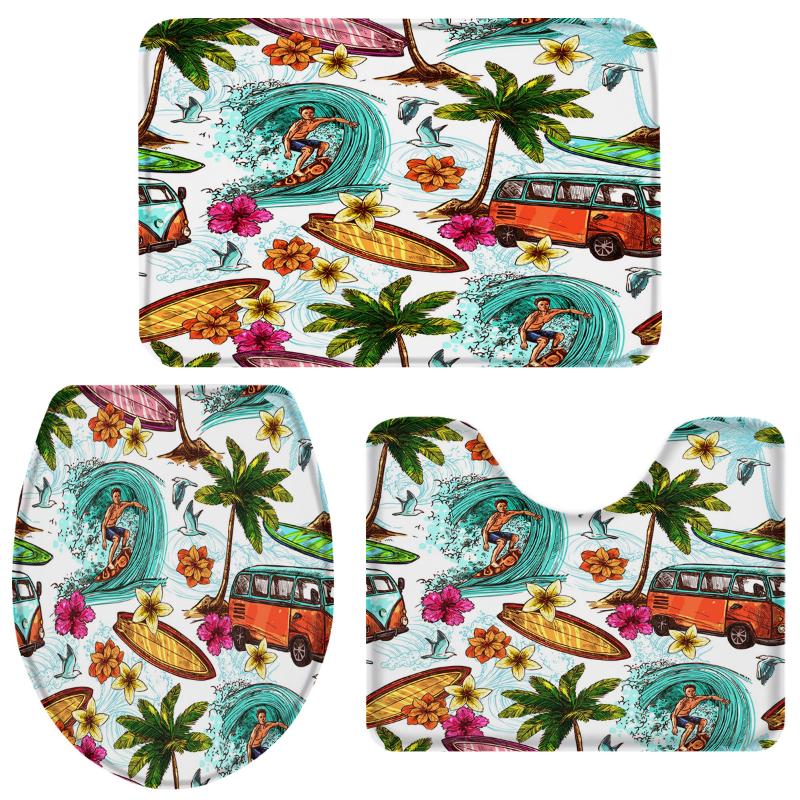 

Beach Surf Palm Trees Cars Flowers Bathroom Rug Set Toilet Cover Mat Pedestal Rug Non-Slip Bathroom Accessories Doormat Set