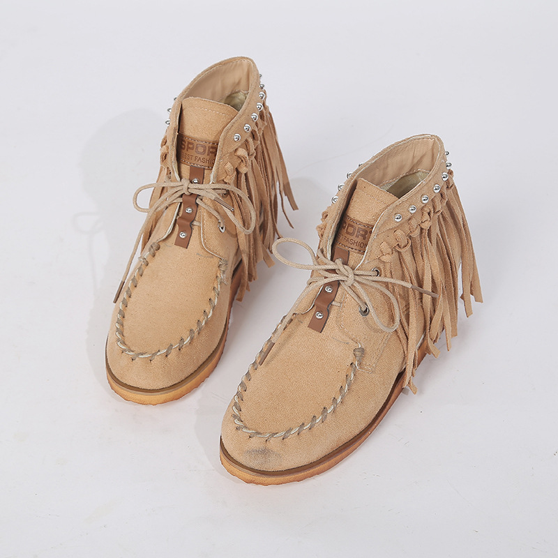 

Autumn New Tassel Boots Short Boots Matte Leather Women's Spring and Autumn Single Flat with Flat, Beige