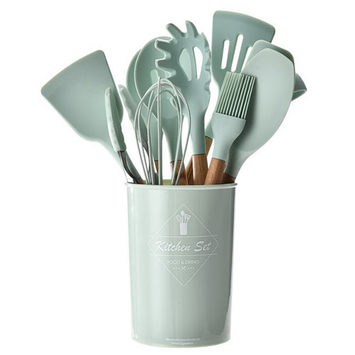 

Fashion Tiffany Utensils Silicone Kitchenware Set with Wooden Handle Non-stick Spoon Scoop Spatula Tongs Kitchen Tool