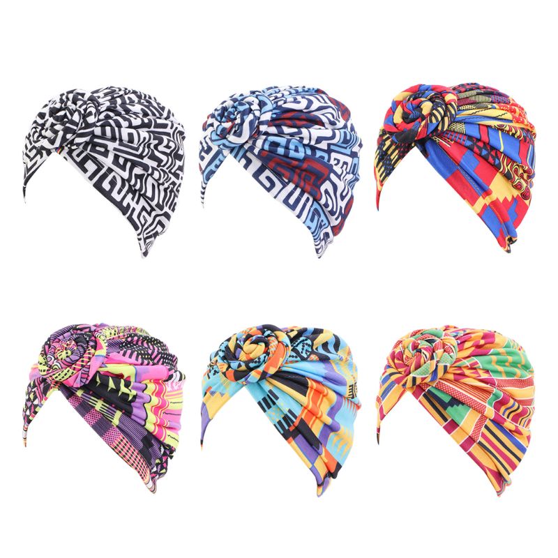 

Boho Cotton Turban Hat Spiral Knot Pretied Headwrap Geometric Graphic Beanie Cap M7DD