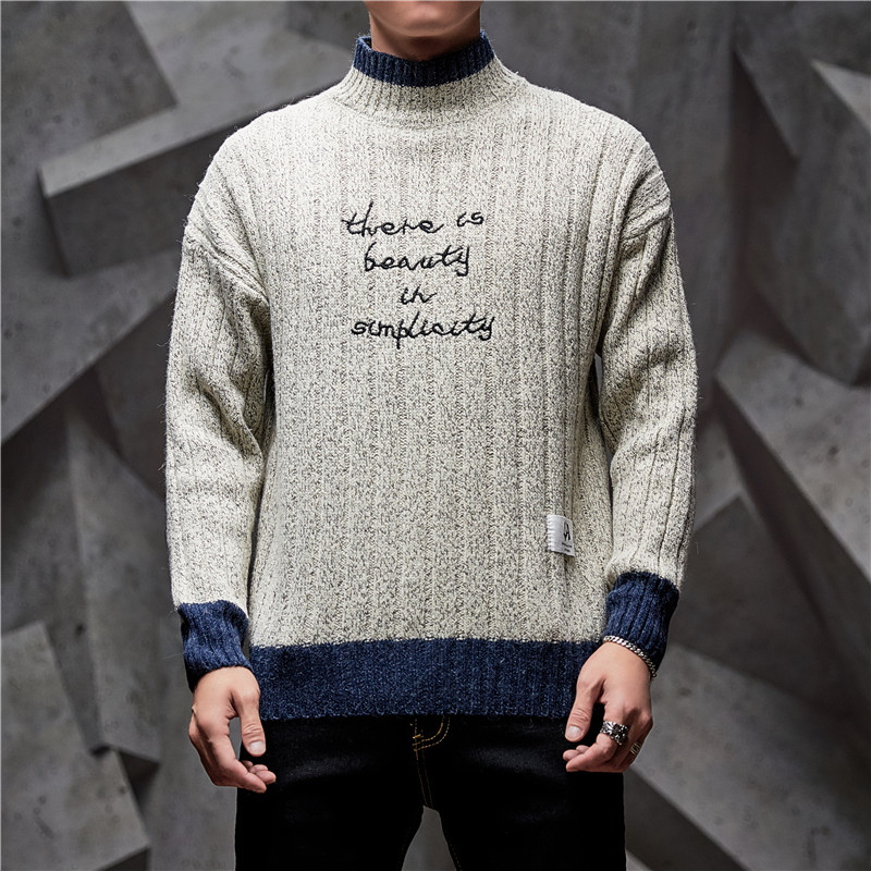 

Pullover Men Pull Homme -3XL Casual Men's Sweater TurtleNeck Letter Printed Sweater Winter Autumn Patchwork Jumper, Khaki