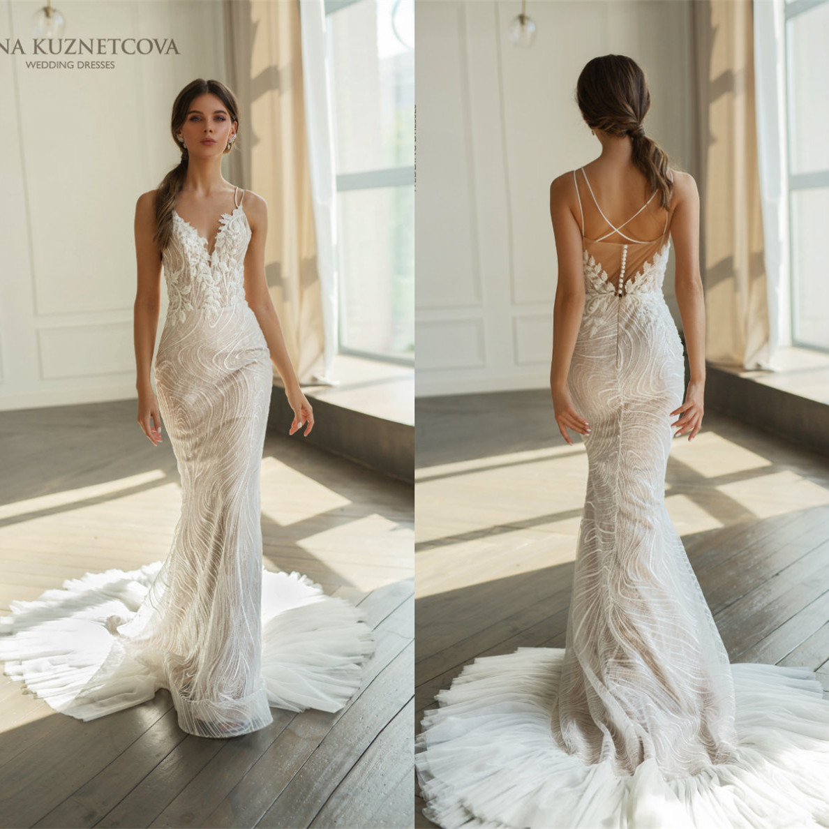 

2021 Mermaid Wedding Dresses Spaghetti Straps Lace Appliques Beads Bridal Gowns Custom Made Backless Sweep Train Beach Robe De Soiree, Gold