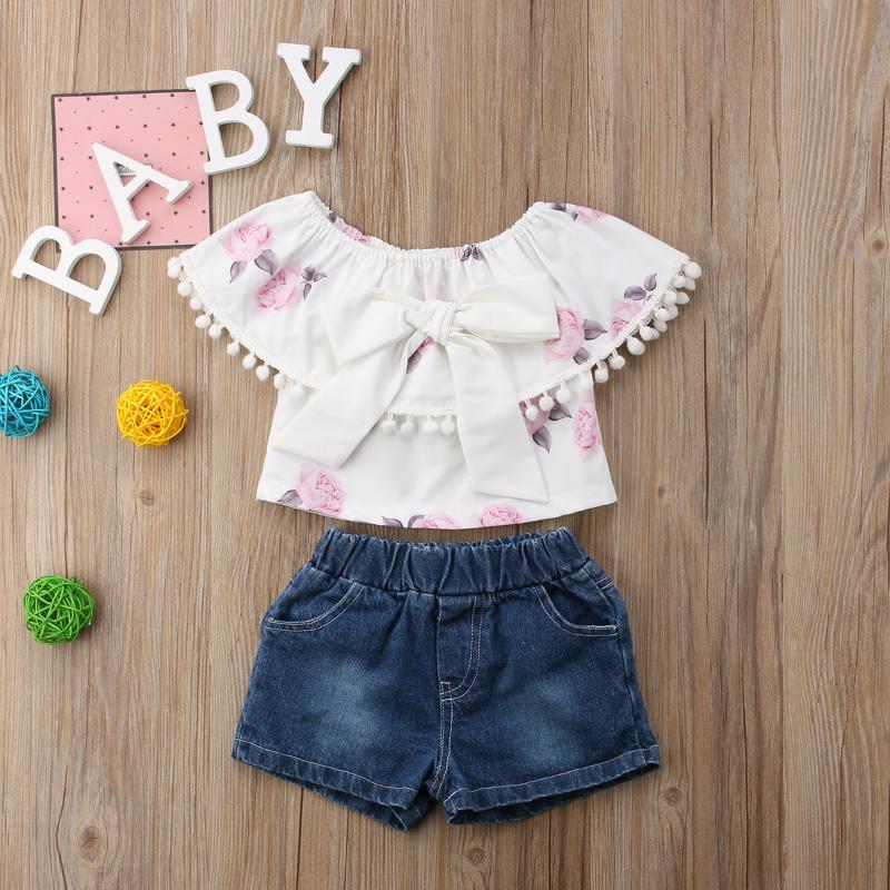 

Toddler Infant Child Kids Baby Girl Floral Tassel Tops Denim Shorts Pants Jeans Summer 2Pcs Sets Outfits Sunsuit 2020, As pic