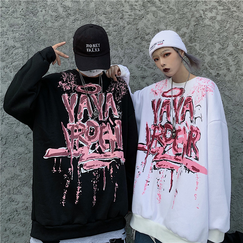 

Autumn winter Harajuku style dark black round neck print long-sleeved fleece sweatshirt for men and women thin and thick two, White thick