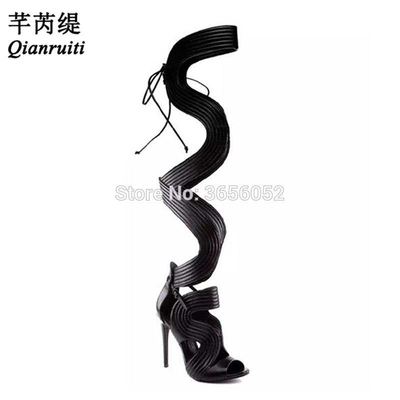 

Qianruiti Fashion Strappy Lace-Up Long Gladiator Sandalias Cut-Outs Sexy Thigh High Boots Summer High Heels Sandals Ladies Shoes, Black