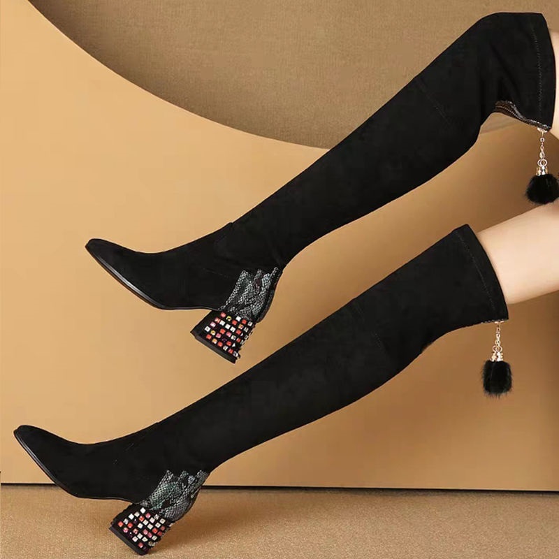 

Qiu dong new fund fashionable euramerican fan thick heel snakeskin grain crystal follows elastic lacquer boots, Black