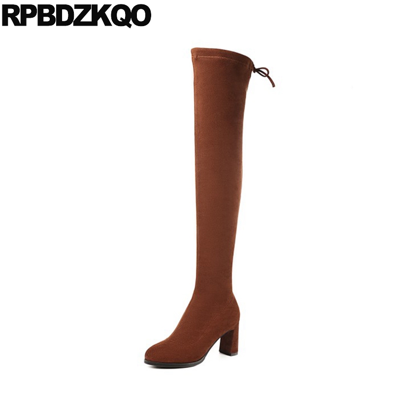 

high heel 2020 thick shoes lace up winter suede slim thigh women boots black block fall round toe fashion long tall autumn brown