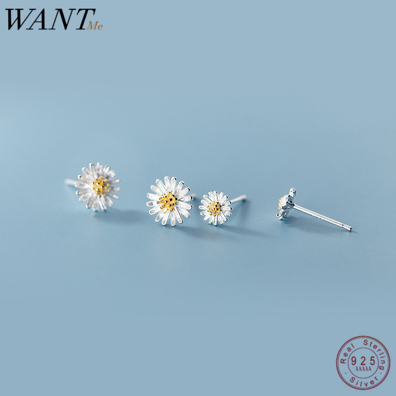 

WANTME Genuine 100% 925 Sterling Silver Cute Sweet Little Daisy Chrysanthemum Studs Earrings for Women Femme Party Fine Jewelry