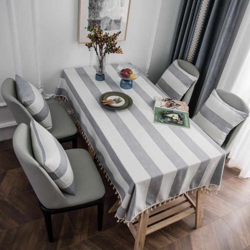 

Yarn Dyed Tablecloth Simple Northern European-Style Gray Stripes Table Cloth Faux Cotton Linen Rectangular Table Household, Grey with dots stripes broom lace up