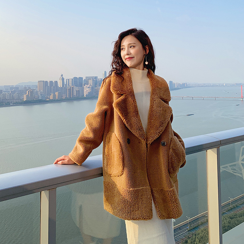 

2020 new winter coats Elegant slim fur jacket women casual fur overcoat sheep velvet double-faced coat W1907, Camel as picture