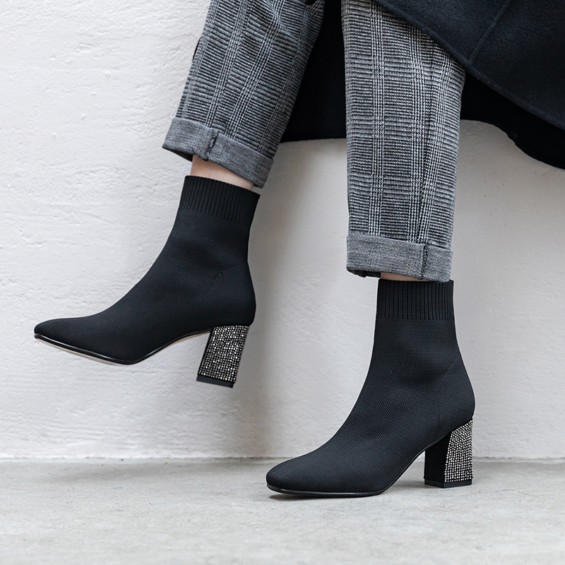

Skinny boots 2020 spring and autumn new rhinestone thick heel short boots women's fashion wild knit elastic X163, Black