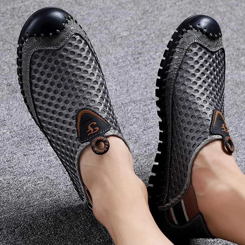 

New Men Net Shoes Casual Men Sandals Genuine Leather Summer Lazy Style Breathable Loafers Chaussures Homme Large Size 38-48, Black