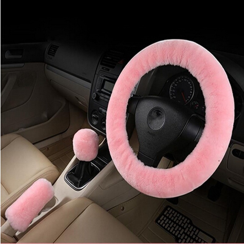

Car Steering Wheel Cover Gearshift Handbrake Cover Protector Decoration Warm Super Thick Plush Collar Soft Black Pink Women Man