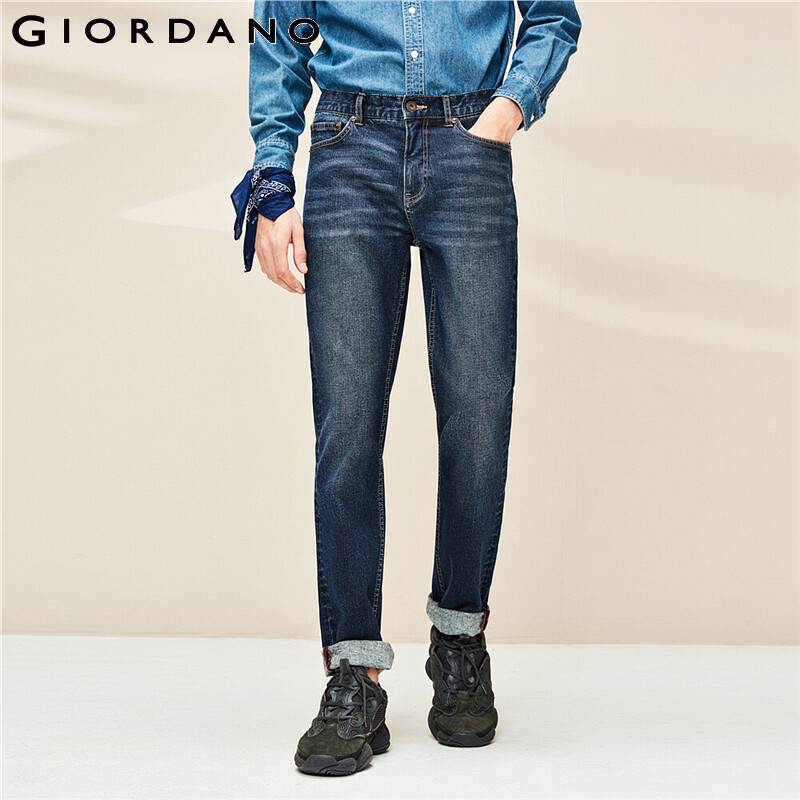 

Giordano Men Jeans Fleece Lined Thick Stretchy Jeans Moustache Effect 5 Pocket Zip Calca Masculino 01110721, 78blue