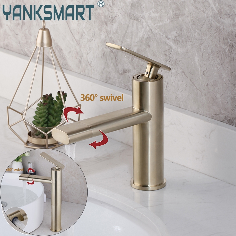 

Brushed Gold Faucet Bathroom Sink Vessel 360 Swivel Sprayer Deck Mounted Brass Single Handle Tall or Short Basin Taps
