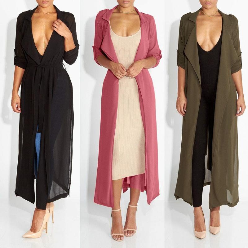 

Women Spring Autumn Long Coat Long Sleeve Female Loose Blouse Chiffon Shirt Evening Party Casual Maxi Tops Dress Cardigan, Black