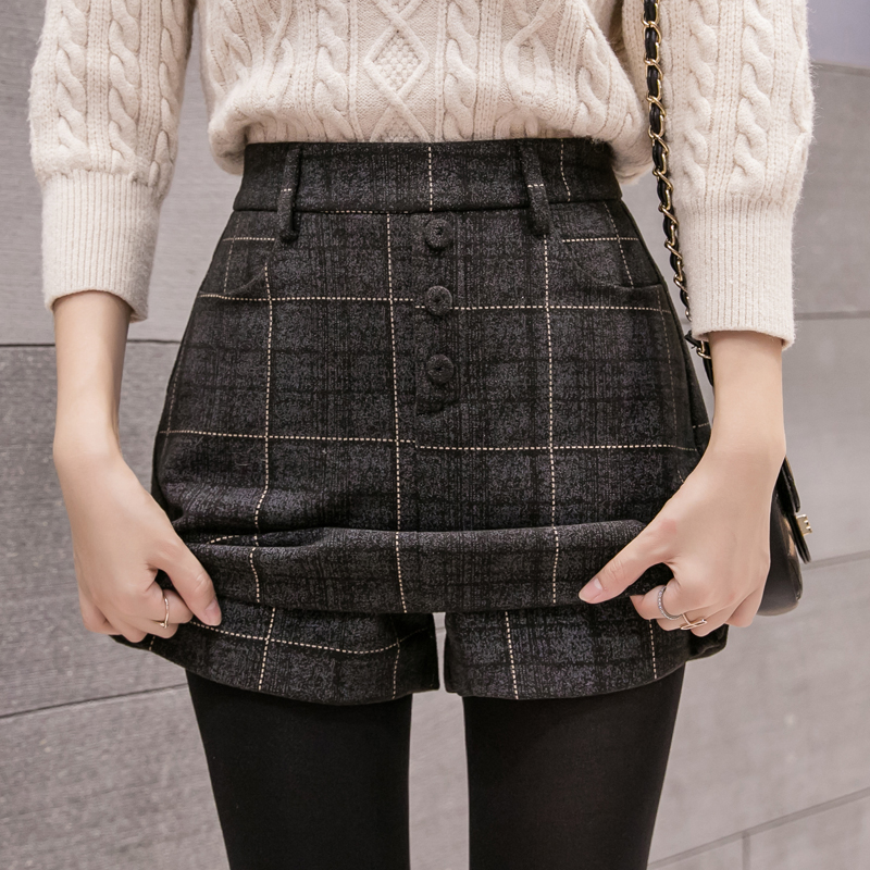 

Fashion Winter Plaid Wool Shorts Women High Waist Wide Leg Woolen Shorts Ladies Elegant Office Work Booty Skirt Femme, Black