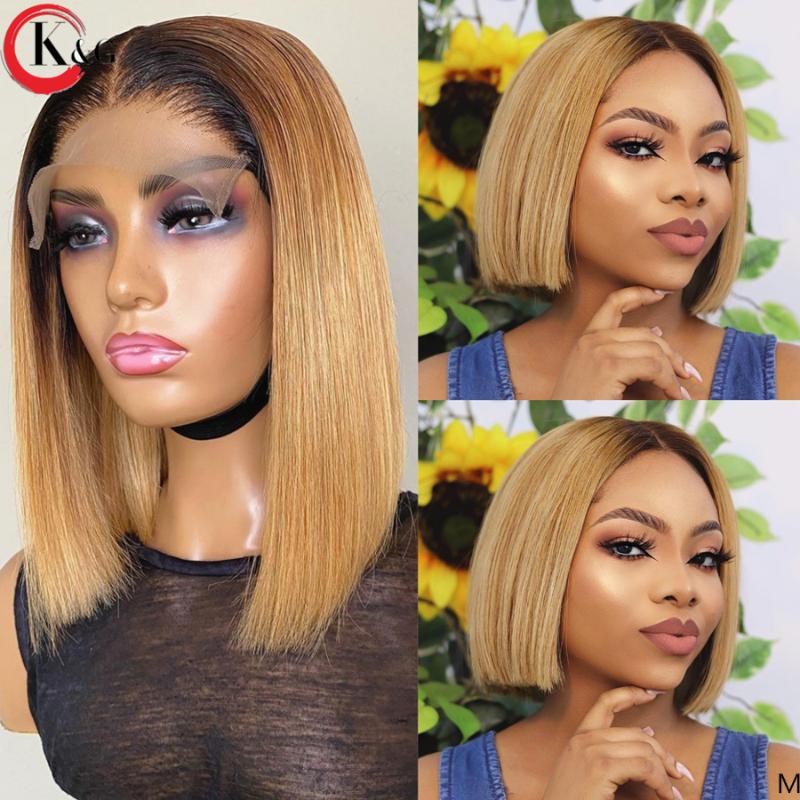 

KUNGANG Omber Bob 4*4 Lace Closure Wigs 130% Density Lace Front Human Hair Wigs Middle Ratio wig Non-Remy Hair, 4x4 closure wig