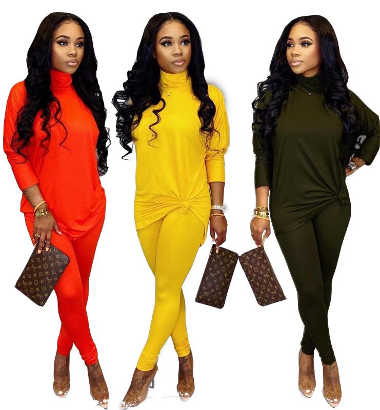 

2020 Autumn Women ' Suit European and American Hot Selling Solid Color round Neck Long-Sleeved Top Pants Two - Piece Set, Orange