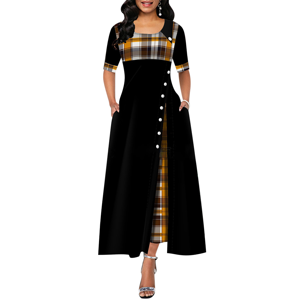 

Elegant Long Dress Women spring Plaid Print Party Dress Irregular Vintage Dresses Ladies Button A-Line 2020 New fashion Dress, Black
