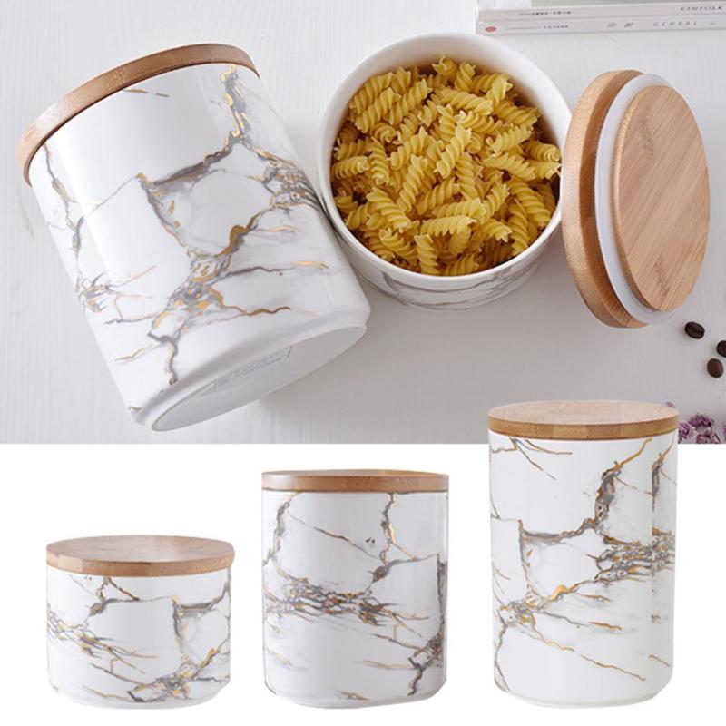 

Chic Marble Pattern Storage Bottles And Jars With Wooden Lid High-level Minimalist Elegant Luxury Salt And Sugar Storage Tanks