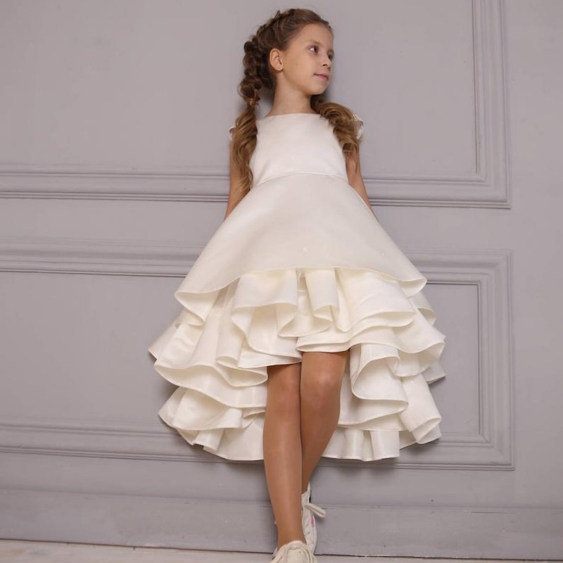 

Adorable Hi Lo Flower Girl Dresses For Wedding 2020 Cap Sleeve Tiered Ruffles Satin Communion Dress Cheap vestidos de fiesta, Beige