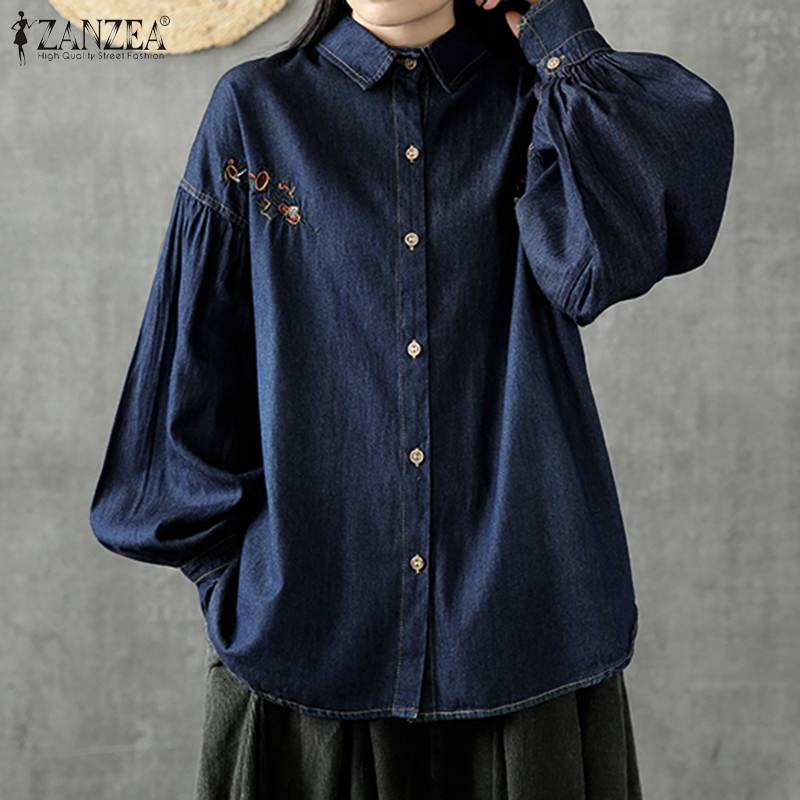 

ZANZEA Women Spring Embroidery Blouse Long Lantern Sleeve Tunic Tops Vintage Denim Blue Shirt Femme Lapel Blusas Robe Chemise, Dark blue