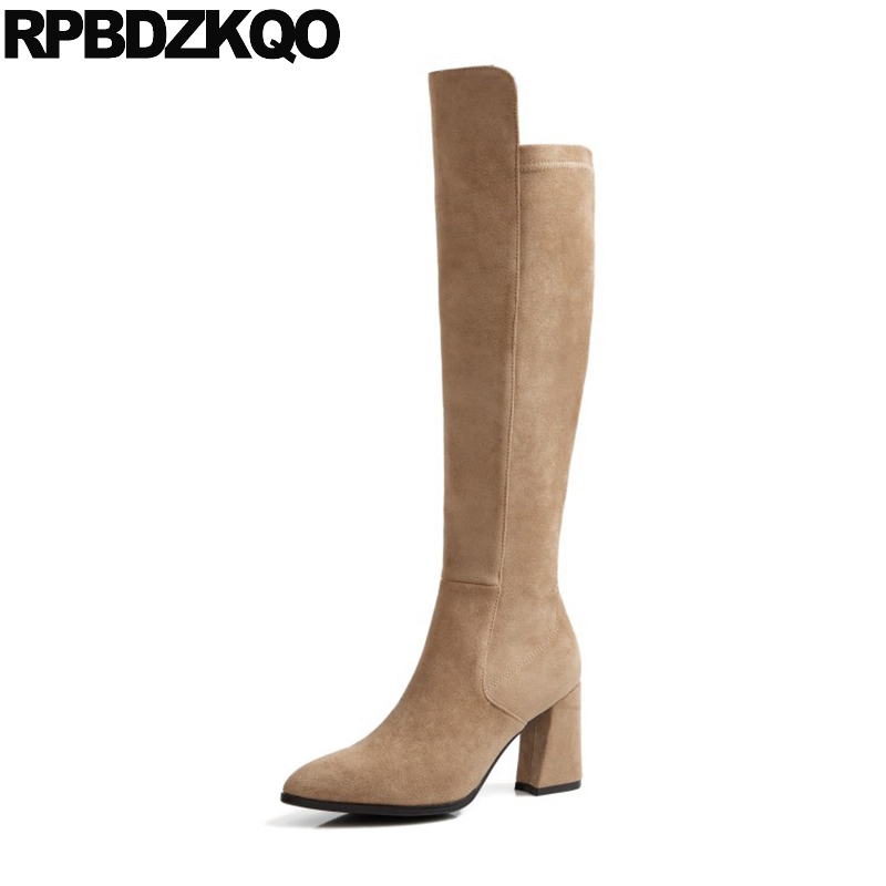 

autumn genuine leather elegant suede tall pointed toe sheepskin chunky high quality long shoes knee women boots winter 2020 heel, Black