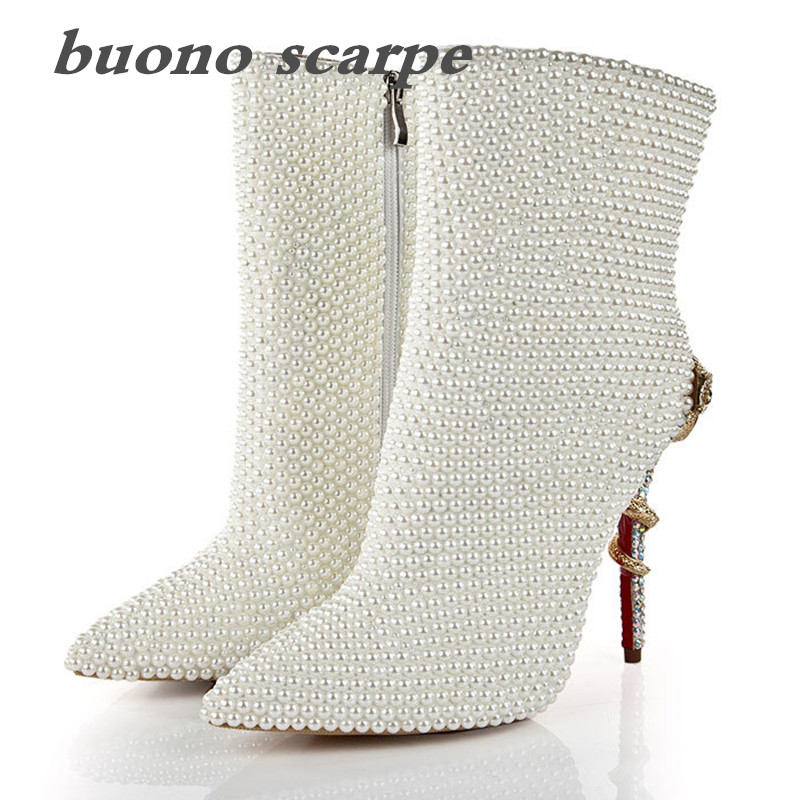 

New sexy pearl metal snake shape with fashion pointed stiletto side zipper nightclub high heel boots, White