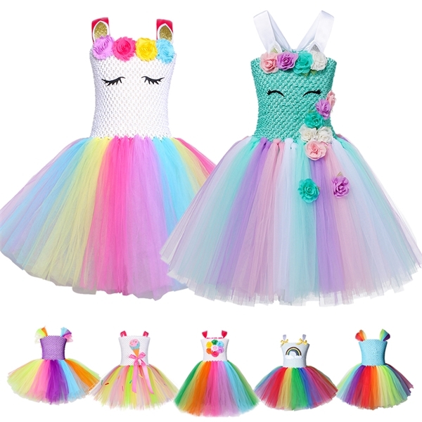 

Fancy Baby Girl Rainbow Unicorn Girls Dress Party Elegant Children Kids Long Tutu Gown Princess Dresses Teen Girl 2-10 Years 0925, Red;yellow
