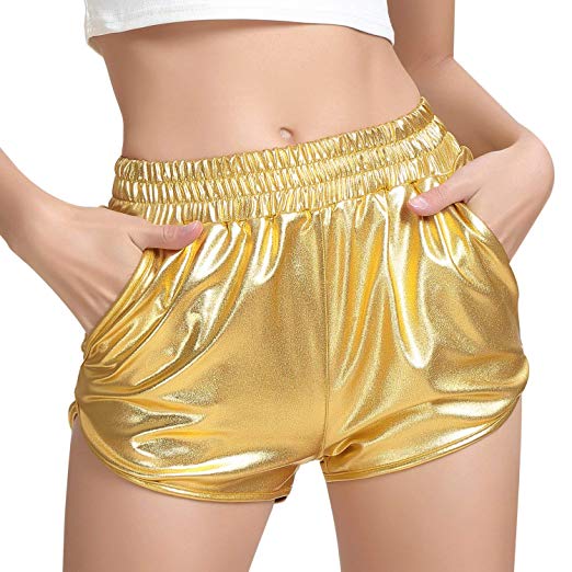 

Womens Casual Shiny Metallic Elastic Waist Loose Shorts with Pockets Gold Silver Shorts For Stage, Black