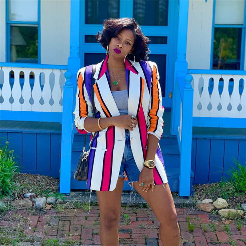 

Autumn Womens Striped Printed Blazers Fashion Designer Lapel Neck Women Coat Casual Contrast Color Ladies Clothing 2020 new high quality, Multi