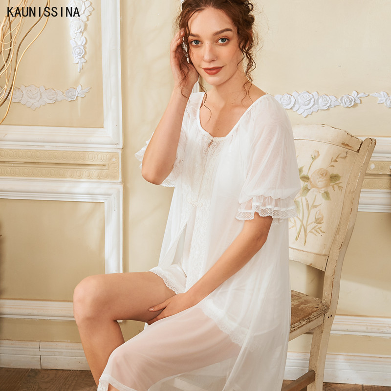 

2 Pieces Women' Robe Sets Vintage Women' Nightgowns Lace Robes Royal Cotton Lace Sleepwear Summer Night Dress Home Wear, Pink