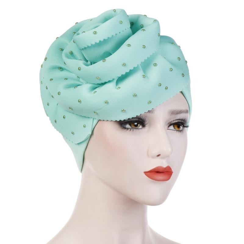 

Helisopus 2020 Beaded Oversized Flowers Women Muslim Turban Hat 7 Colors Cotton Cap Head Covers Hijab Hair Accessories