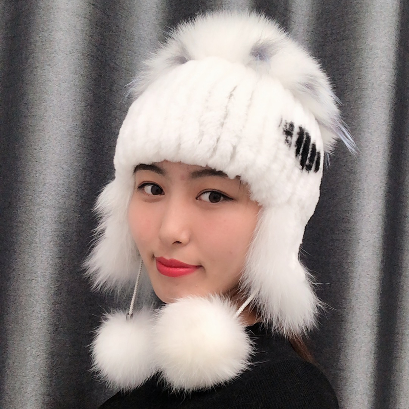 

Women fur hat for winter natural rex fur cap russian female headgear brand new fashion Warm protective ear hat Wi, White