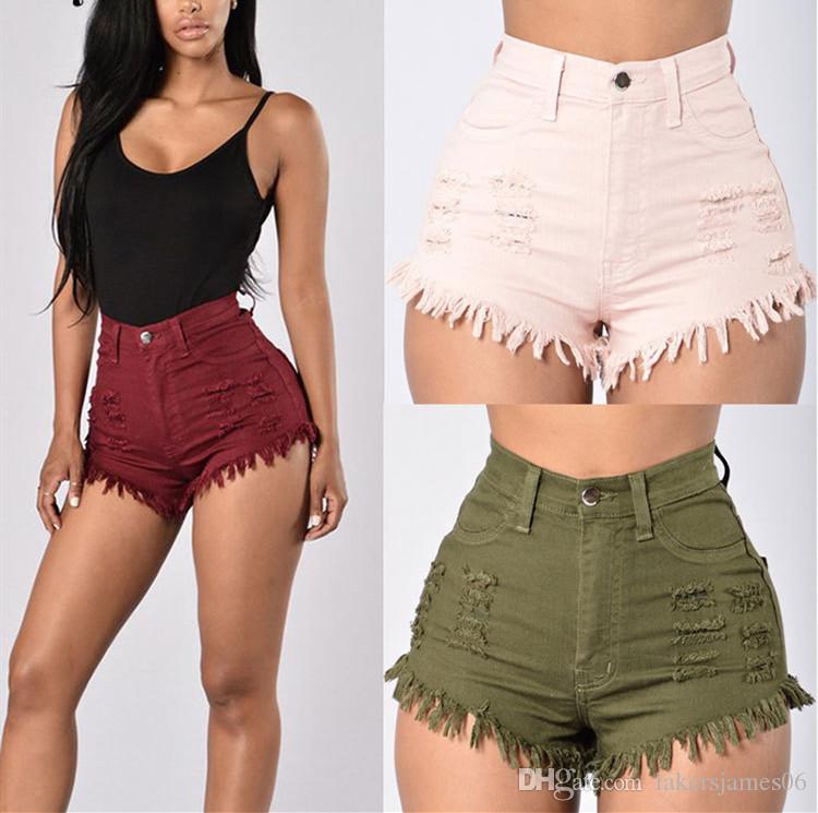 Womens High Waist Denim Shorts Summer Sexy Skinny Stretch Solid Color Hair Whiskers Famale Shorts-image-588074255