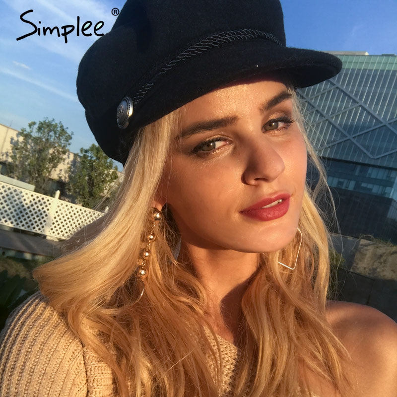 

Simplee Fashion black hat cap women Casual streetwear rope flat cap Elegant solid autumn winter warm beret hat female 2020