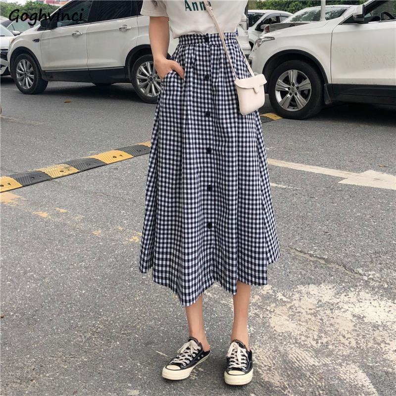 

Skirts Women Summer Plaid Single-breasted All-match A-line Ulzzang Preppy Style Mid-calf Chic Students Womens New Stylish Casual