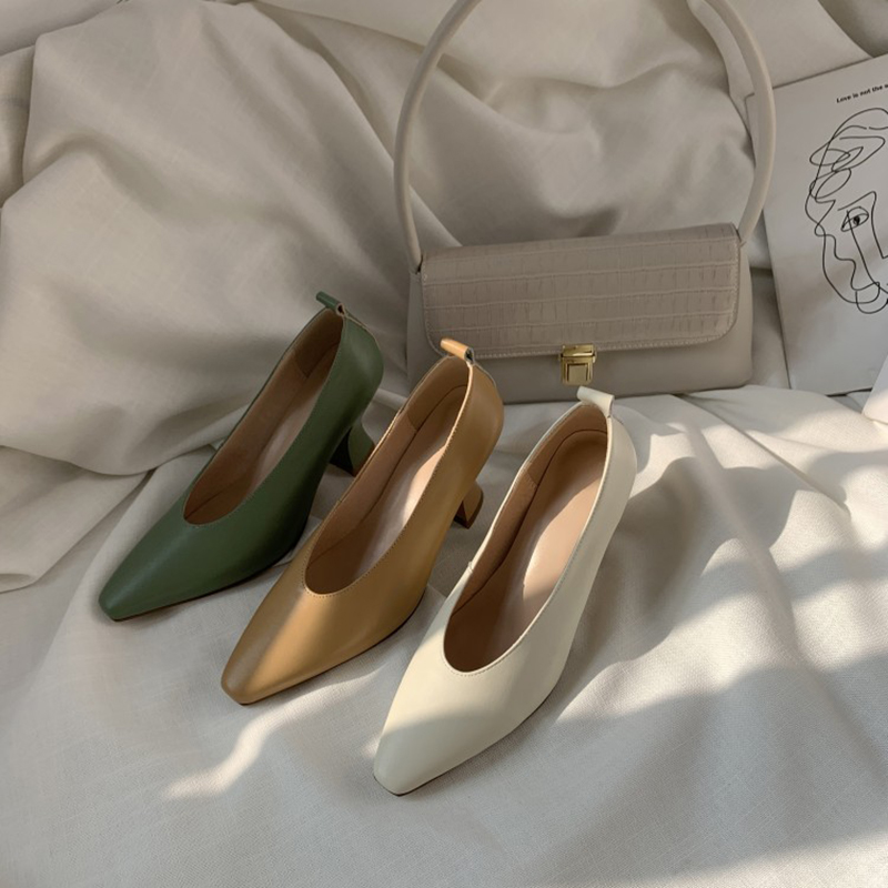 

CIALISA Shoes High-heel Pumps Shoes Women 2020 Spring New Shallow Genuine Leather Thick Heel Pointed Toe Pumps Women, Green