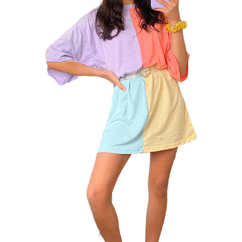 

Women' Color-matching T-shirt Dress Summer Casual Wild Loose Short Sleeves Midi Dress, Multi