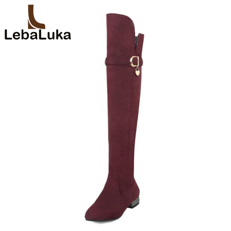 

Tuyoki Plus Size 32-46 Women Over The Knee Boots Metal Buckle Flats Boots Zipper Fur Fashion Winter Warm Women's Footwear, Black